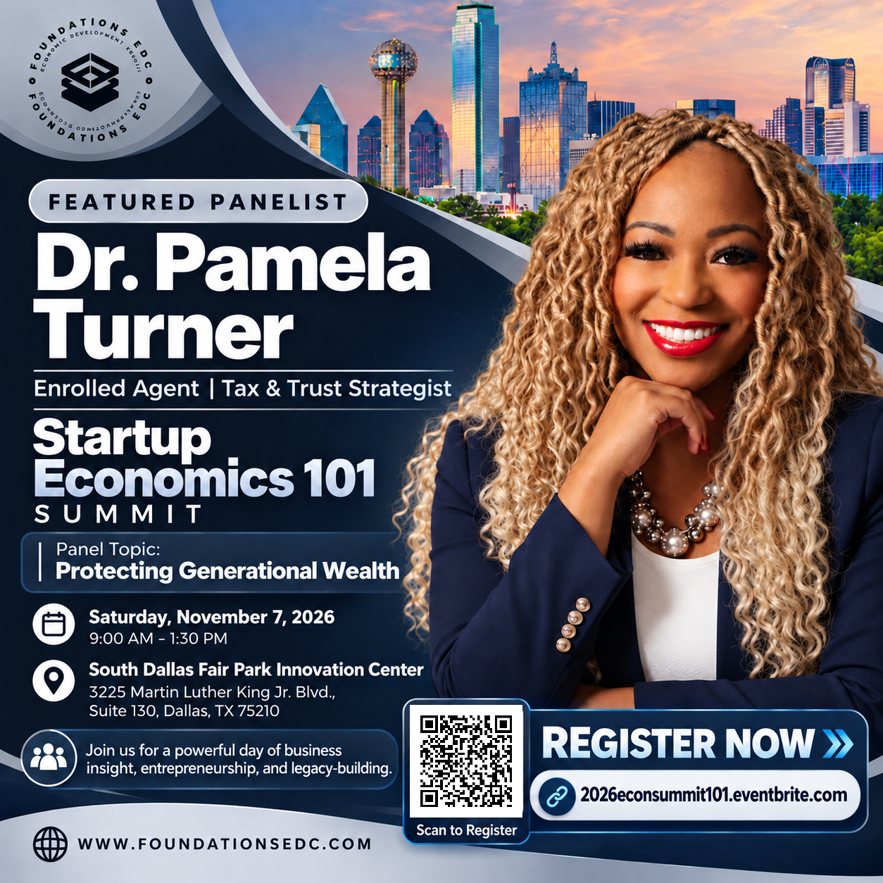 Startup Economics 101 Summit flyer featuring Dr. Pamela Turner and the original registration QR code