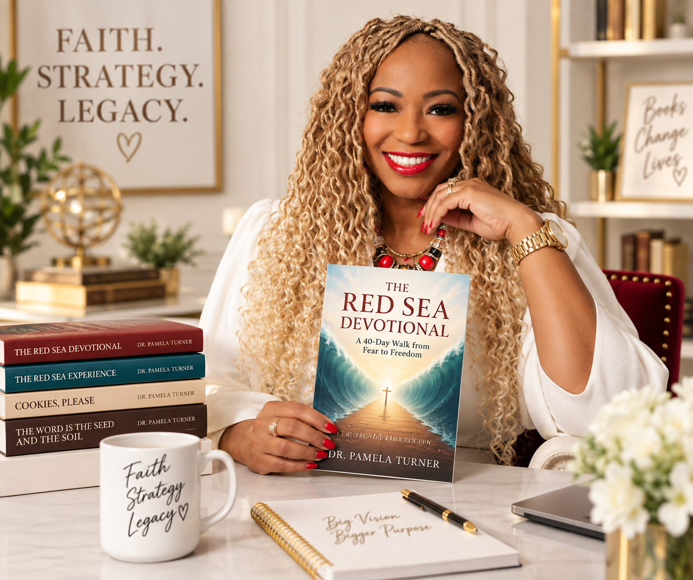 Dr. Pamela Turner holding The Red Sea Devotional in her author studio.